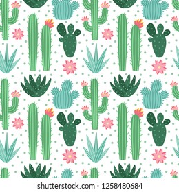 Seamless cactus pattern. Exotic desert cacti houseplants, repeating cactuses or succulent fabric doodle. Blooming garden cactus wrapping print or floral wallpaper flat vector background