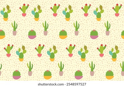 Patrón de cactus sin fisuras. Plantas caseras de cactus del desierto exótico, cactus repetitivos o doodle de tela suculenta. Impresión de envoltura de cactus de jardín floreciente.