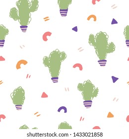 Seamless cactus pattern with geometric signs, tropical wallpaper