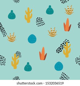 Seamless cactus pattern and hand drawn textures. Vector texture fabric, textile. Vector cactus background. 