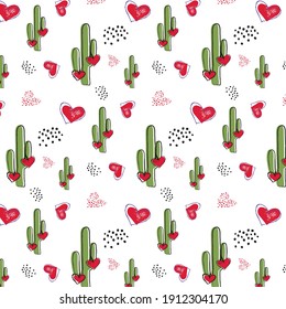 Patrón de cactus sin foco con corazones sobre fondo blanco. ilustración vectorial