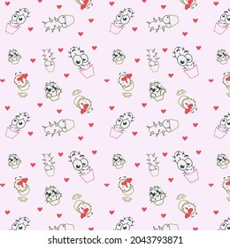 Seamless cactus pattern with hearts. Pattern with cactus on pink background. Potted cacti. Vector background. Cute cartoon cactus pattern.