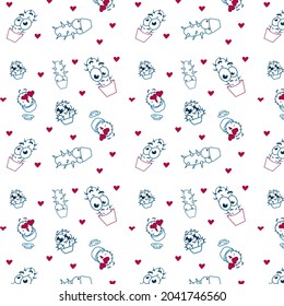 Seamless Cactus Pattern with Hearts. Pattern with cactus. Potted cacti. Vector background. Cute cartoon cactus pattern.