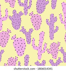 Seamless cactus pattern. Pink cacti on a yellow background. The print is suitable for Wallpaper.