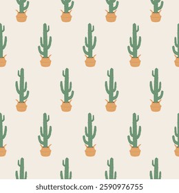 Seamless cactus pattern with potted plants. Seamless pattern with hand drawn green cacti in basket pots on light background, perfect for wrapping paper, textile, wallpaper, design. Vector illustration