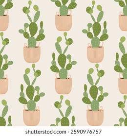 Seamless cactus pattern with potted plants. Seamless pattern with hand drawn green cacti in basket pots on light background, perfect for wrapping paper, textile, wallpaper, design. Vector illustration