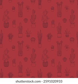 Seamless cactus pattern with potted plants on red background. Seamless pattern with hand drawn cacti in flower pots, perfect for wrapping paper, textile, wallpaper, product design. Vector illustration