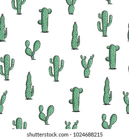 Seamless cactus pattern. Repeating hand drawn background with cacti in the boho style. Trendy vector design