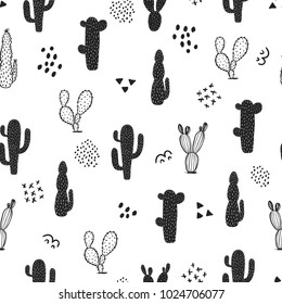 Seamless cactus pattern. Repeating hand drawn background. Black and white cacti print in the scandinavian style. Vector