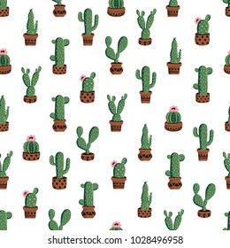 Seamless cactus pattern. Repeating hand drawn background with cacti in pots. Vector illustration