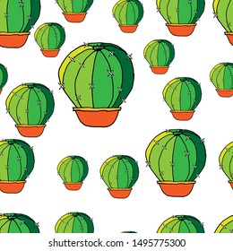 Seamless cactus pattern, succulent potted on white background. For fabric, packaging, box, cardboard, packaging paper. 
Cartoon style. Vector