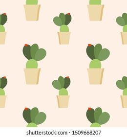 Seamless cactus pattern, succulent potted on soft color background. For fabric, packaging, box, cardboard, packaging paper. Cartoon style vector. Cacti flat design on pastel colors