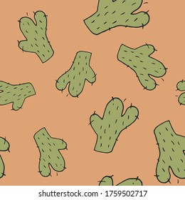 Seamless cactus pattern vector illustration. Repeating cacti on an orange background. Cute background in pastel colors. Cacti with needles in random order.