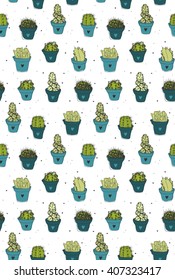 Seamless cactus pattern. Vector illustration. Hand drawn cactus. Cactus in a pot. 