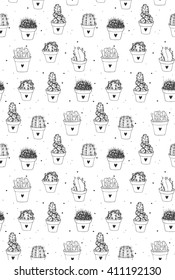 Seamless cactus pattern. Vector illustration. Hand drawn cactus. Cactus in a pot. White and white seamless floral pattern