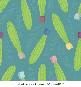 Seamless  cactus pattern. Vector illustration. Isolated cacti  on the green background.