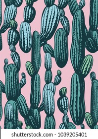 Seamless cactus pattern, vintage hand drawn illustrations with cactus