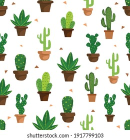 Seamless Cactus Pattern With White Background. Cute Repeatable Cacti Pattern Can Be Used As Backdrop, Gift Wrap, Wallpaper Tile Template, Textile Print Design. Trendy Background.  Vector Illustration