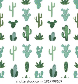 Seamless cactus pattern with white background. Cute repeatable cacti pattern can be used as backdrop, gift wrap, wallpaper tile template, textile print design. Trendy background.  vector illustration