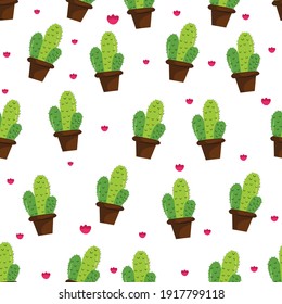 Seamless cactus pattern with white background. Cute repeatable cacti pattern can be used as backdrop, gift wrap, wallpaper tile template, textile print design. Trendy background.  vector illustration