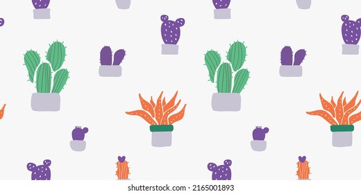 Seamless cactus pattern with white background. Cute repeatable cacti pattern can be used as backdrop, gift wrap, wallpaper tile template, textile print design. Trendy background. vector illustration