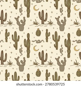Seamless cactus pattern. Wild West desert landscape. Hand-drawn cacti, desert plants, and western aesthetic 