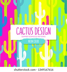 Seamless cactus patterns collection. Neon and fluor colors. Vector illustration