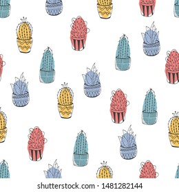 Seamless cactus in pot pattern. Baby style illustration.