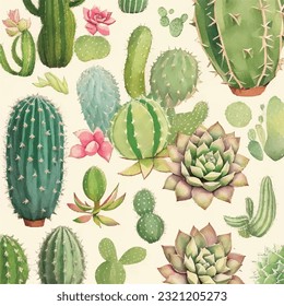 Seamless cactus and succulent pattern in vector illustration. Oasis blooms