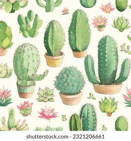 Seamless cactus and succulent pattern in vector illustration. Desert tapestry