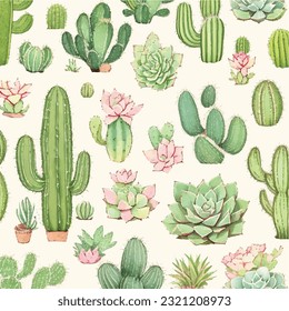 Seamless cactus and succulent pattern in vector illustration. Desert enchantment