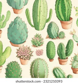 Seamless cactus and succulent pattern in vector illustration. Oasis blooms