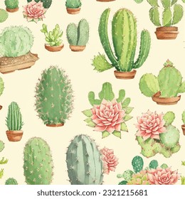 Seamless cactus and succulent pattern in vector design. Serene succulents