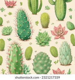 Seamless cactus and succulent pattern in vector design. Cactus mosaic
