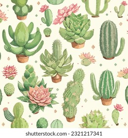 Seamless cactus and succulent pattern in vector design. Whimsical cactus garden