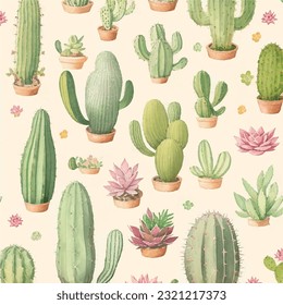 Seamless cactus and succulent pattern in vector design. Desert gems