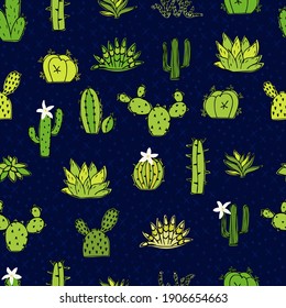 Ilustración de cactus y doodles suculentos. Se puede usar el diseño de elementos y la tela. Patrón juvenil brillante con plantas verdes y flores blancas.