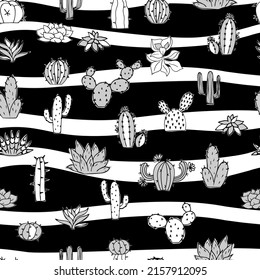Seamless cactus and succulents doodles illustration. Can be used elements design and fabric. Bright youth pattern.