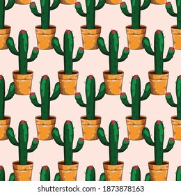 Seamless Cactus in Terra Cotta Pots Vector Pattern