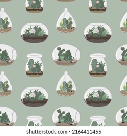 Seamless cactus terrarium pattern. Vector illustration. Hand drawn design is perfect for textiles, fabrics, wallpaper or gift wrap.