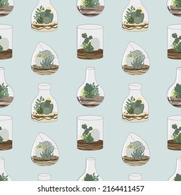 Nahtlose Kaktus terrarium Muster. Vektorgrafik. Handgezeichnetes Design ist ideal für Textilien, Stoffe, Tapeten oder Geschenkverpackungen.