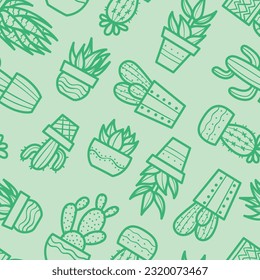 Seamless cactus vector pattern, green repeating backgorund with hand drawn house plants