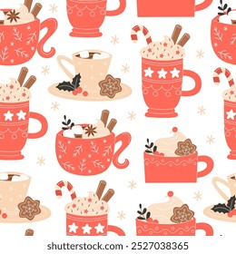 Patrón de Navidades de café sin costuras con café caliente, café con leche, chocolate caliente, canela y pan de jengibre