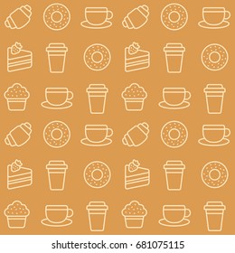 Seamless Cafe Pattern With Coffee Cups And Desserts Icons.