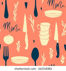 Seamless cafe pattern in retro colors. Hand drawn vector background with cutlery and floral elements. Menu design