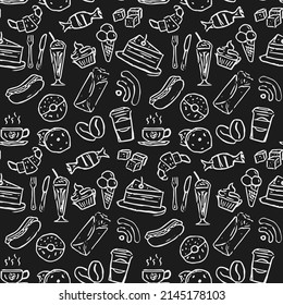 Seamless cafe vector pattern.Seamless coffee shop vector patter.Doodle vector with cafe icons on black background. Vintage coffe shop icons,sweet elements background for your project, menu, cafe shop