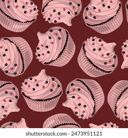 Seamless cake background. Cap cake. Beautiful background in pink flowers. Vector illustration for print, design and web.