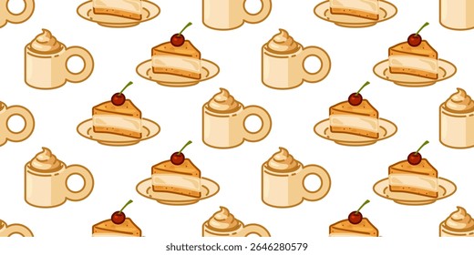 Seamless Cake and Coffee Pattern. Seamless pattern with cartoon mugs topped with whipped cream and cake slices with cherry on plates. Soft beige palette, hand-drawn style, isolated.