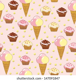 Seamless with cake and ice cream. Vector illustration.