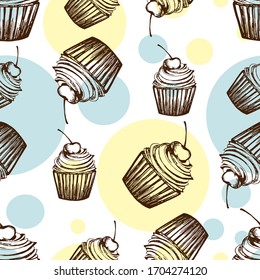 Seamless cake pattern, fun, cute. For fabric, Wallpaper. Vector graphics.